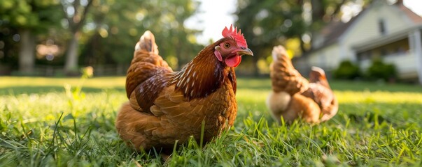 Hens on the grass in the meadow, sunny day.
