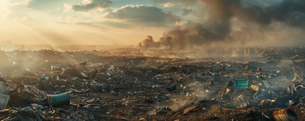 Polluted Earth, smoke in the background, garbage on the ground. - obrazy, fototapety, plakaty