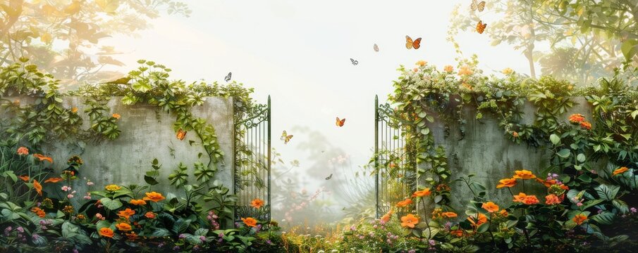 A fairy gate with flowers and butterflies flying around.