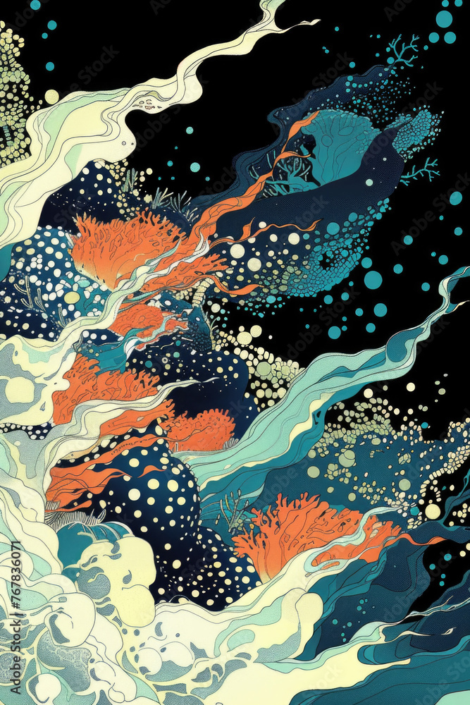 Poster a painting featuring water droplets and bubbles floating on a black background, creating a dynamic a