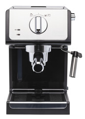 Espresso coffee machine with milk frother and portafilter isolated
