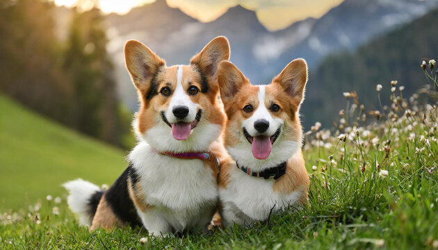 best friendship of different breeds between Corgi and Jack Russell Terrier. Two of them crouched close together in the grass.  The picture shows the bond of the two animals.