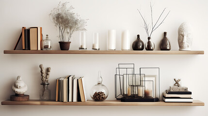 Shelf with books and decorative elements in Scandinavian style.