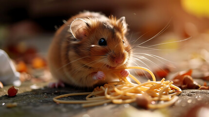 Side-splitting image of a hamster engaged in a miniature wrestling match with a piece of spaghetti