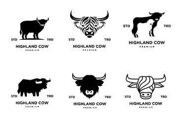 highland cattle cow illustration hand drawn symbol icon logo design - obrazy, fototapety, plakaty