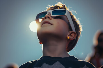 A young boy safely looks at a total eclipse while wearing protective glasses. - obrazy, fototapety, plakaty