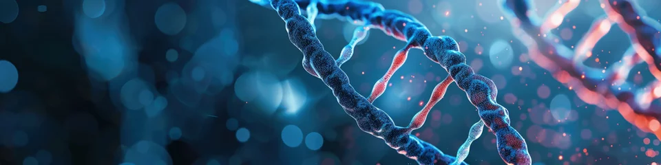 Fotobehang A detailed visualization of a DNA strand highlighted with blue and red accents on a dark background © sommersby