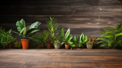 Indoor plants collection against dark wood background with copy space