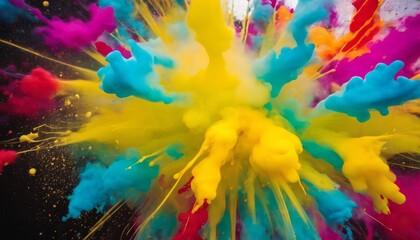 A dynamic explosion of colored paints captured in mid-air, creating a vivid, abstract spectacle of yellow, blue, and magenta hues.