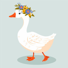 Pattern cute goose in a wreath of flowers, sunflower, flowers, in kawaii style, vector illustration