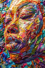 A detailed mosaic artwork made from colorful paper pieces, depicting female face with expressive features highlighted by sunlight