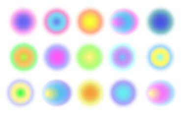 Set of neon bright blur circle. Vibrant holographic light. Multicolor radial gradient. Gradation shapes set palette.