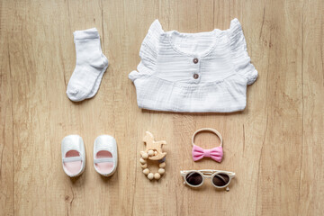 Flat lay of baby staff and accessories. Kids wear flat lay