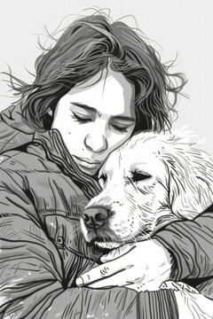 A drawing showing a girl embracing a dog with affection and care