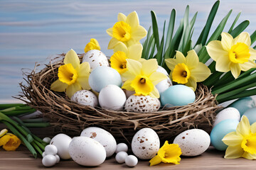 Ostern Dekoration mit bunten Blumen und Ostereiern - 767837206