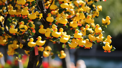 yellow rubber ducks gowing on the tree.  - obrazy, fototapety, plakaty