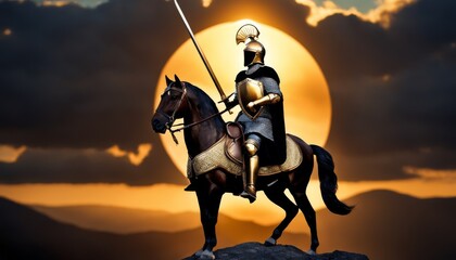 Silhouette of a medieval knight on horseback against a sunset backdrop, poised with a spear, invoking history and legend - obrazy, fototapety, plakaty
