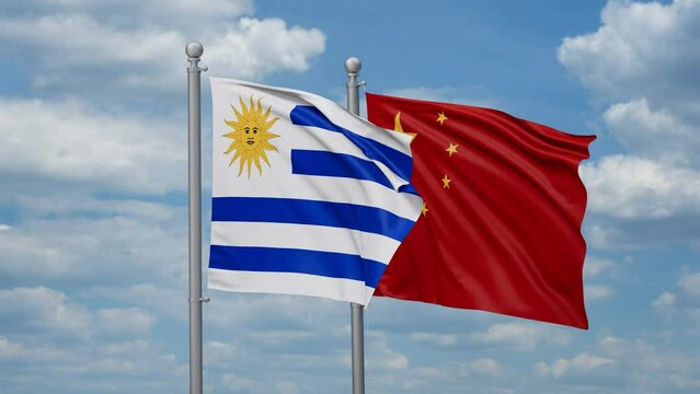 China and Uruguay two flags waving together, looped video, two country relations concept