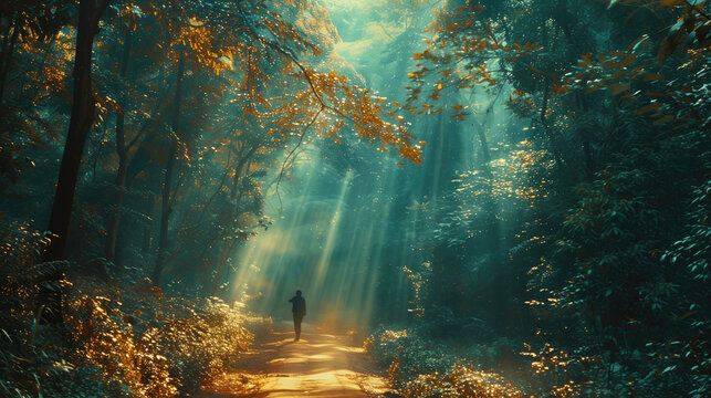 Mental Wellness in Nature. A serene forest path bathed in dappled sunlight. A person walks along the path, taking a deep breath and enjoying the peacefulness of nature.