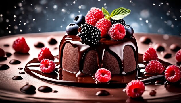 Elegant chocolate mousse topped with fresh berries and drizzled with chocolate, an ideal image for dessert marketing