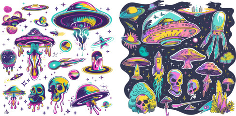 Retro psychedelic hippie posters with space