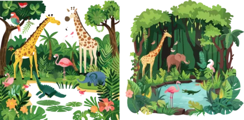  Giraffe, parrot, flamingo elephant and crocodile among vegetation © Mark