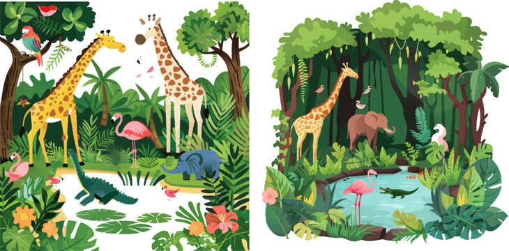 Giraffe, parrot, flamingo elephant and crocodile among vegetation