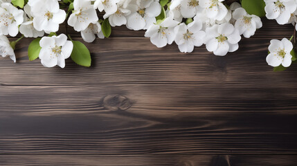 Background with copy space, wooden texture and spring cherry blossoms