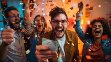 Group of young adults celebrating with confetti and excitement, one man holding tickets and making a victory gesture.