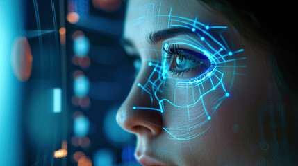 A photo capturing a person undergoing facial recognition for security, with the technology interface visible on the screen.