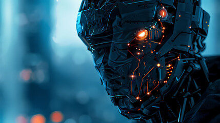 Artistic depiction of a mysterious robotic figure with glowing eyes and intricate cybernetic enhancements, lurking in the digital shadows as a skilled hacker - obrazy, fototapety, plakaty