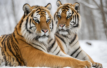 Obraz premium Two tigers laying in the snow in a forest 