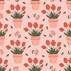 Seamless vector pattern with hand drawn tulip flowers. Red bouquet background. Spring and summer garden plant. Cartoon flowerpot texture for wallpaper, wrapping paper, textile design