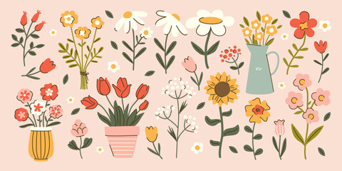 Set of hand drawn cottagecore flowers. Tulip, sunflower, daisy, chamomile, flowerpots decor. Spring and summer botanical illustrations. Garden plants vector design - obrazy, fototapety, plakaty