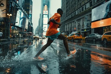 A man in an orange shirt runs through a city street in the rain
