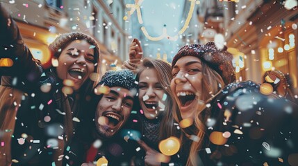 group of happy friends enjoying outdoor party on shiny street background - Group of young people A festive scene with a decorated Christmas tree and sparkling city lights celebrates the holiday season - obrazy, fototapety, plakaty