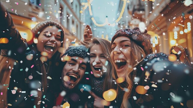 group of happy friends enjoying outdoor party on shiny street background - Group of young people A festive scene with a decorated Christmas tree and sparkling city lights celebrates the holiday season