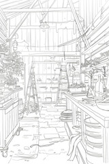 Coloring page of black and white  kitchen with a stove, cabinets, sink, and refrigerator