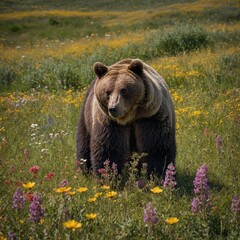 Design a bear image set in a picturesque wildflower meadow, with a bear surrounded by a carpet of colorful blooms against a backdrop of rolling hills and distant mountains. Capture the bear in a momen