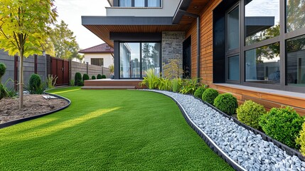 A charming old brick cottage with a wooden door sits nestled in a flower-filled garden Contemporary Lawn Turf with Wooden Edging in Front Yard of Modern House. Artificial Grass with Clean Design and B - obrazy, fototapety, plakaty