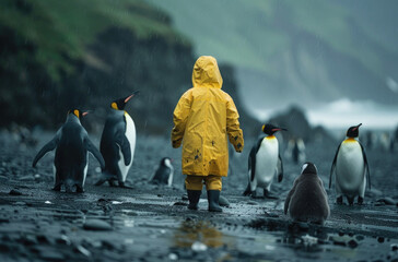 A child in a yellow raincoat standing between two groups of penguins on a rainy day