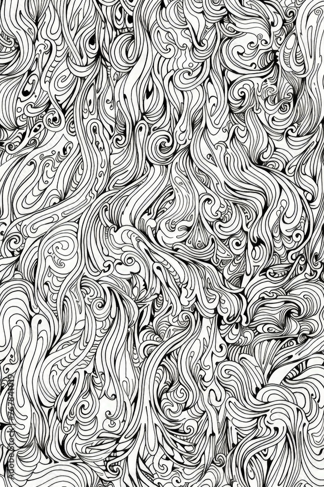 Poster coloring page of detailed black and white drawing featuring intricate wavy lines creating a visually