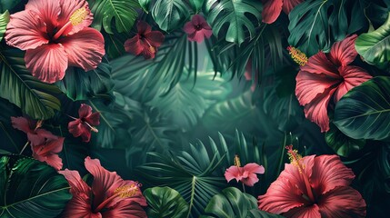 a stunning digital art composition featuring tropical leaves and large exotic flowers framing the scene. Ideal for cosmetics, spa, perfume, beauty salon, travel agency, and florist shop branding - obrazy, fototapety, plakaty