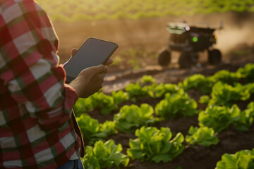 Man hands holding digital tablet device to control robot on smart farm lettuce field
