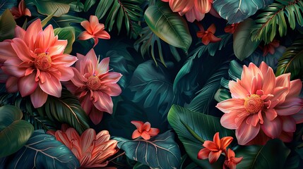 a stunning digital art composition featuring tropical leaves and large exotic flowers framing the scene. Ideal for cosmetics, spa, perfume, beauty salon, travel agency, and florist shop branding - obrazy, fototapety, plakaty