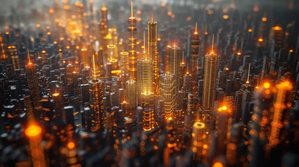 Digital cityscape with glowing data points and bar graphs