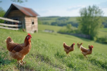 Fototapeta premium A group of chickens is seen walking across a vibrant green field on a sunny day.