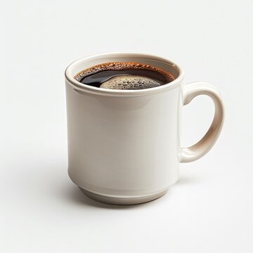 Realistic image of a freshly brewed coffee in a ceramic mug solid stark white background