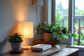 A modern table with a lamp and various plants on display.