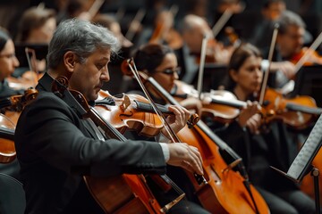 A man plays the violin in front of a large orchestra in a concert hall.